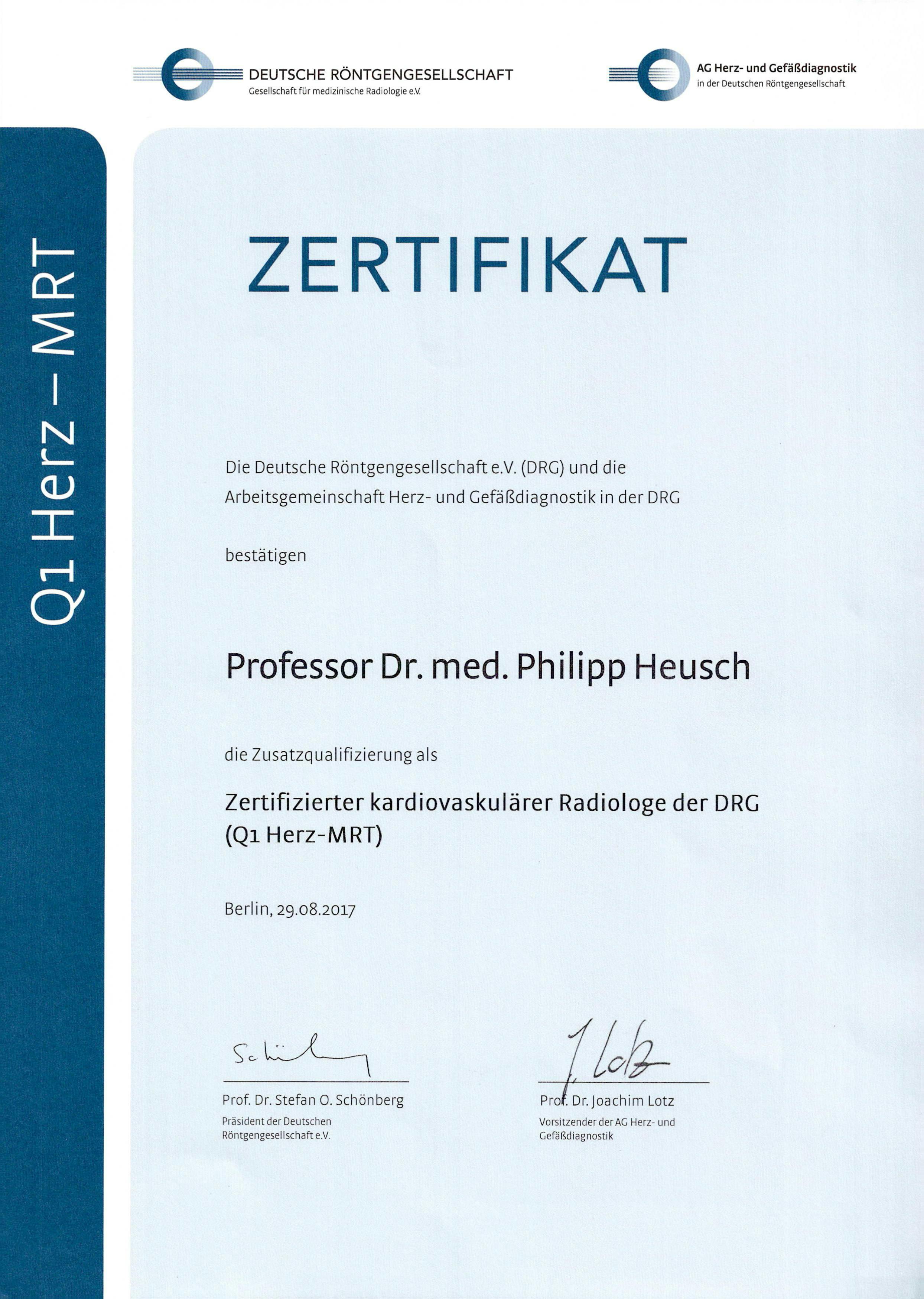 Zertifikat der Deutschen Röntgengesellschaft für kardiovaskuläre Radiologie (Q1 Herz-MRT)